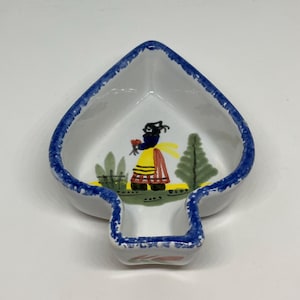 HB Quimper França Vintage Breton Pottery Prato de bugigangas em forma de pá, Butter Pat, molho de sal; Prato pequeno pintado à mão em faiança francesa Folk Art