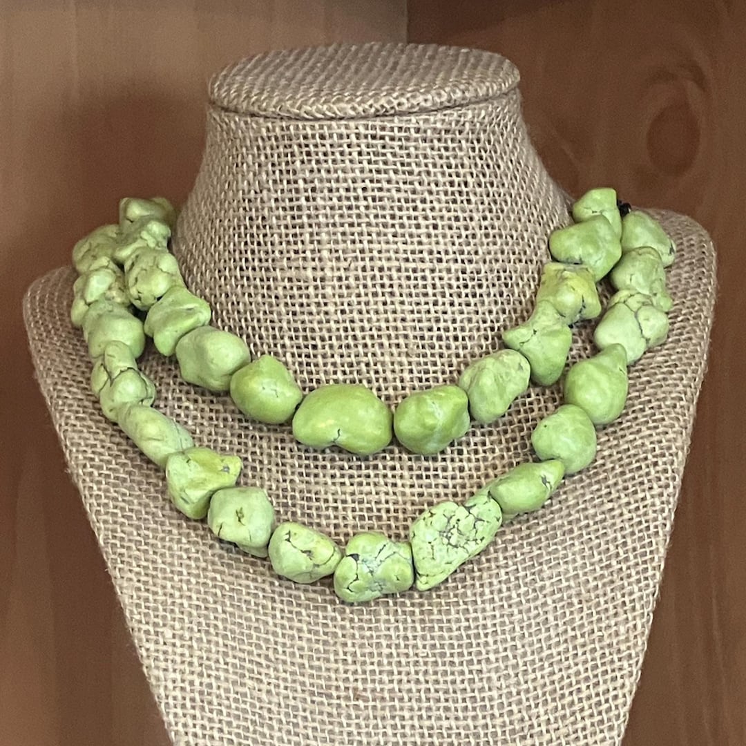 Vintage Lime Green Dyed Howlite Stone Dual Necklace With Sterling ...