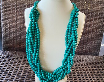 Collier 3 Rangs En Perles De Bois Vert Et Beige - Style Bohème Vintage - Occasion En Parfait état