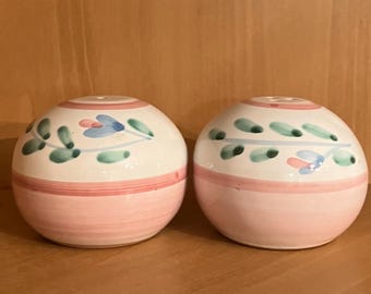 Caleca Vintage Italian Pottery "Pink Garland" Salt and Pepper Shakers; Round Pink and Green Floral Shakers