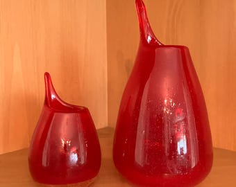Vintage Murano Style Red Seeded Glass Blown Vases, Set of Two; Red Pulled Rim Teardrop Shaped Art Glass Vases