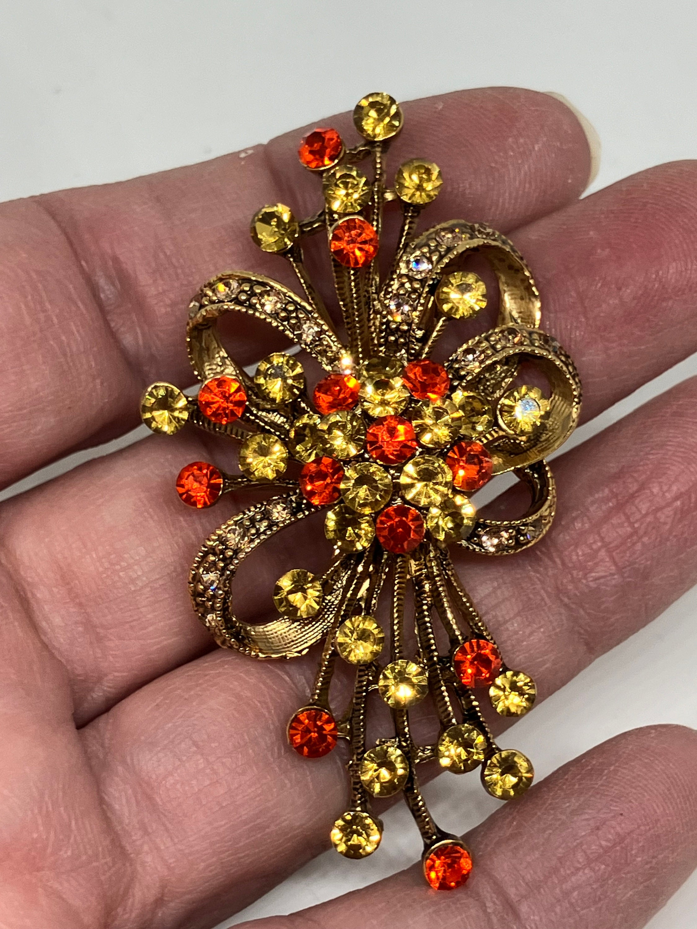 Broche Ancienne Strass Orange - Bijou Fantaisie Vintage, Occasion, Décoration