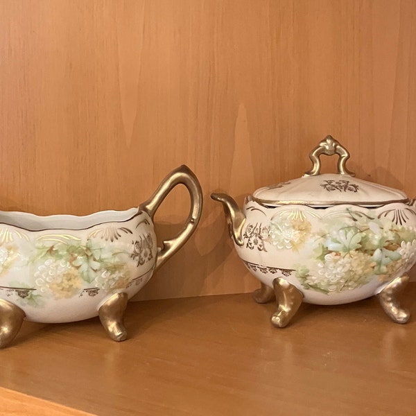 Old Ivory Silesia Germany Vintage Porcelain Creamer and Sugar Bowl; Hand Painted Ornate Floral Footed Cream Pitcher and Lidded Sugar Bowl