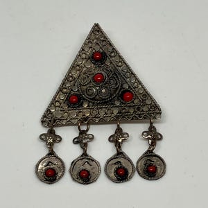 Sterling Silver Vintage Triangular Yemenite Filigree Coral Brooch or Pendant; Traditional Yemenite Handmade Filigree Dangling Charm Amulet