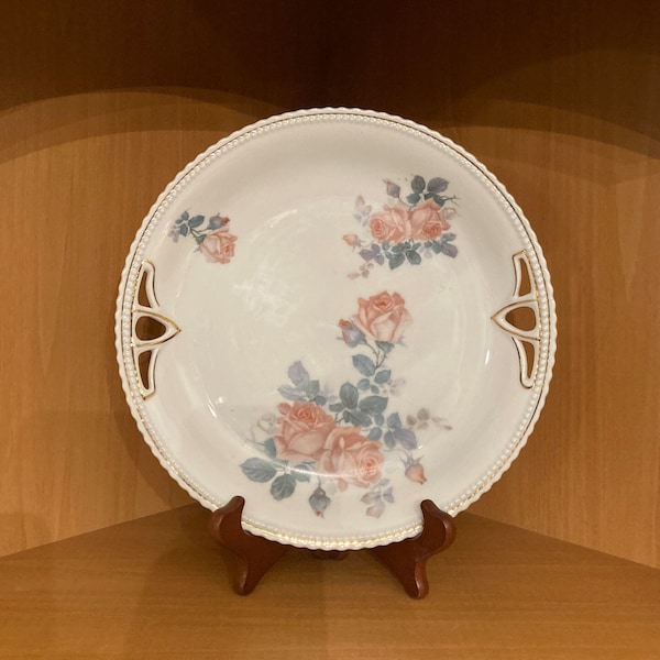 Antique PK Silesia Porcelain Plate; 9 1/4 Inch Double Handled Floral Rose Serving or Cabinet Plate, 1920s Germany