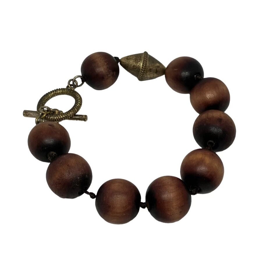 Vintage Chunky Large Wooden Bead Toggle Bracelet; Hand  display picture 1