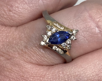Vintage Sterling Silver Blue Tanzanite Cubic Zirconia Halo Ring Size 8 1/4, Ladies Sterling Blue Gemstone Ring, Signed Vintage Ring