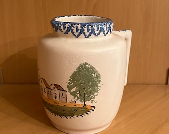 Saint Clement Luneville Art Pottery Creamer, Antique Hand Made French Faience Cream Pitcher With French Countryside Scene, 1920s