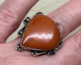 Vintage Sterling Silver Red Orange Carnelian Statement Ring, Size 8;  Arts and Crafts Style Chunky Ring