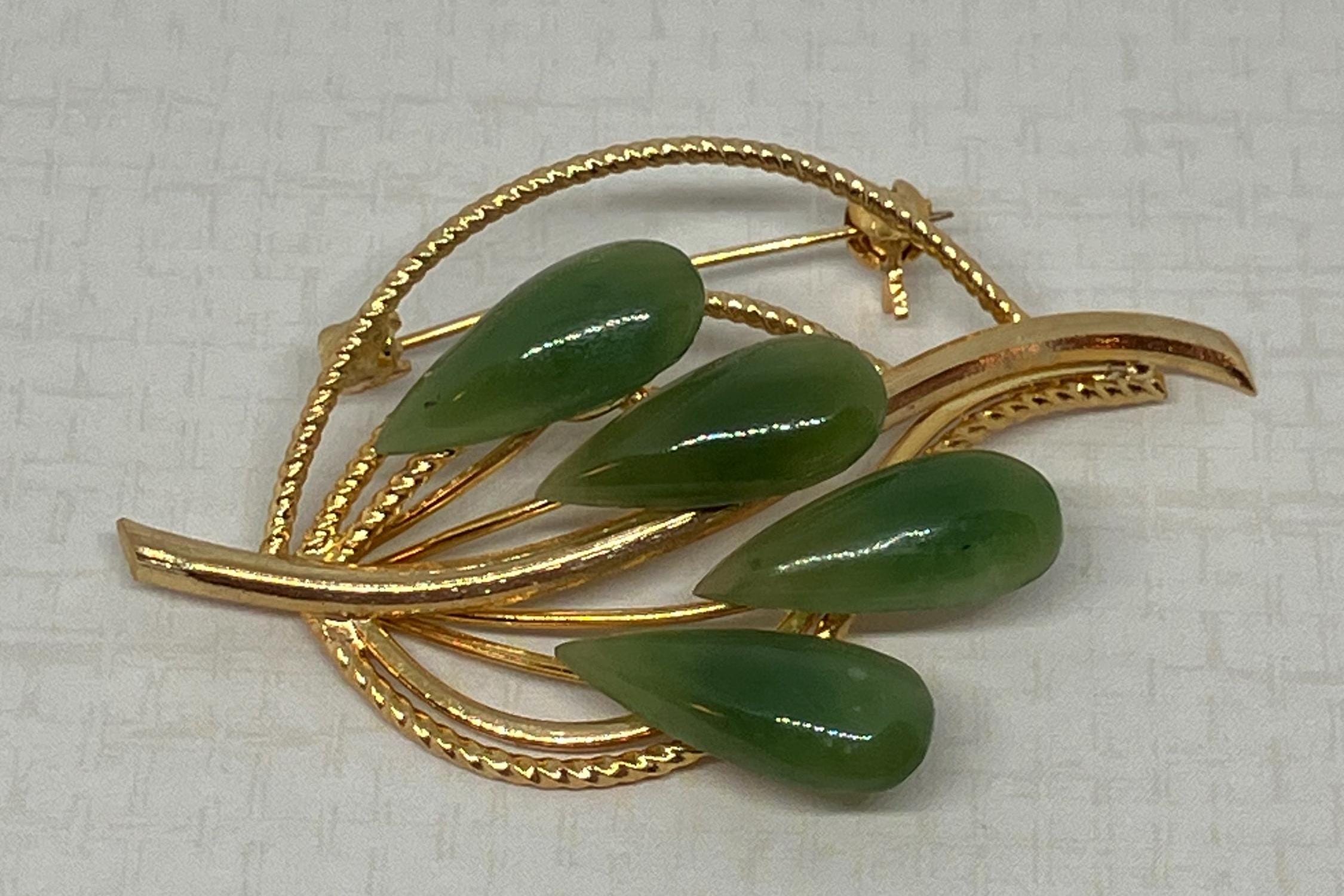 original female jade flower vintage badge exquisit RealJade 18K Yellow Gold Genuine Imperial Green Jadeite Jade  main image 2