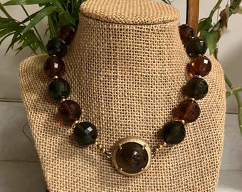 Vintage Faceted Acrylic Beaded Choker Necklace; Gold Tone Multi Color Beaded Necklace, 1960s