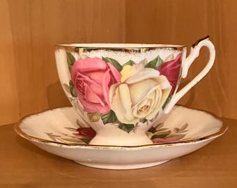 Queen Anne Lady Sylvia Porcelain Pink and Yellow Rose Teacup and Saucer; Vintage Footed Floral Teacup, England