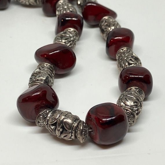 Vintage Cherry Red Glass Bead and Silver Tone Bal… - image 1