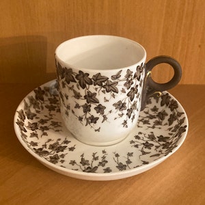 Royal Worcester Antique Porcelain Demitasse Cup and Saucer in Brown Ivy Pattern; Espresso Cup and Saucer 1880s England