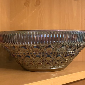 Indiana Glass Vintage Windsor Blue Carnival Glass Salad Bowl; Iridescent Blue Button and Cane 10 Inch Bowl in Original Boxm #1320