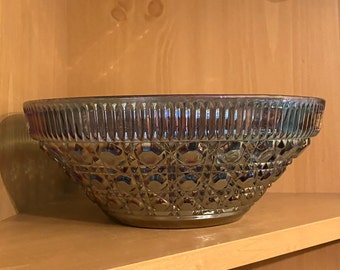 Indiana Glass Vintage Windsor Blue Carnival Glass Salad Bowl; Iridescent Blue Button and Cane 10 Inch Bowl in Original Boxm #1320