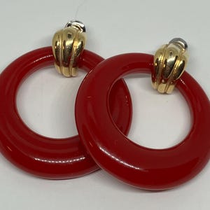 Vintage Red Lucite Door Knocker Hoop Pierced Earrings; Vintage Red Lucite Hoops