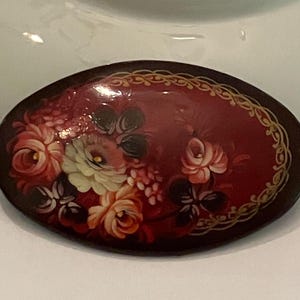 Russian Vintage Hand Painted Lacquered Floral Brooch; Artist Signed Oval Black, Rose, Pink Floral Pin, 1999