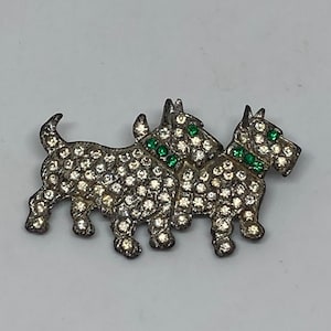 Art Deco Silver Tone Paste Stone Scottie Dog or Terrier Brooch, Double Dog Brooch With Emerald Green Eyes and Collars, 1930s