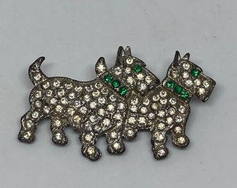 Art Deco Silver Tone Paste Stone Scottie Dog or Terrier Brooch, Double Dog Brooch With Emerald Green Eyes and Collars, 1930s