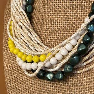 Vintage Multi Strand Gemstone Seed Bead and Glass Beaded Necklace; 16-19 Inch White, Green, Sand and Yellow Statement Necklace