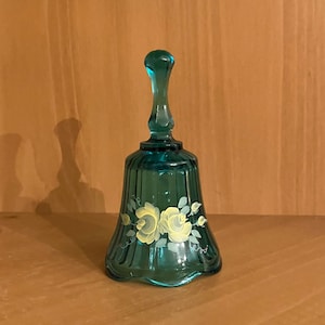 Fenton Teal Hand Painted Floral Bell Signed by D. Cutshaw; Vintage Fenton Artist Signed Hand Decorated Collectible Bell
