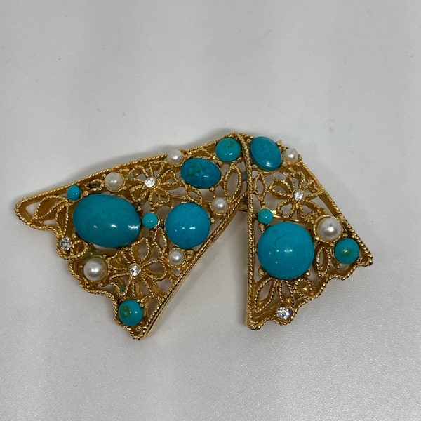 Adrienne Vittadini Signed Vintage Gold Tone Ribbon Brooch With Faux Turquoise, Pearlettes and Rhinestones