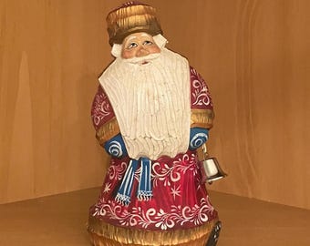 Vintage Hand Carved Wooden Russian Santa or "Father Frost" Figurine; Artist Signed Hand Decorated Old World Santa With Bell, Russia