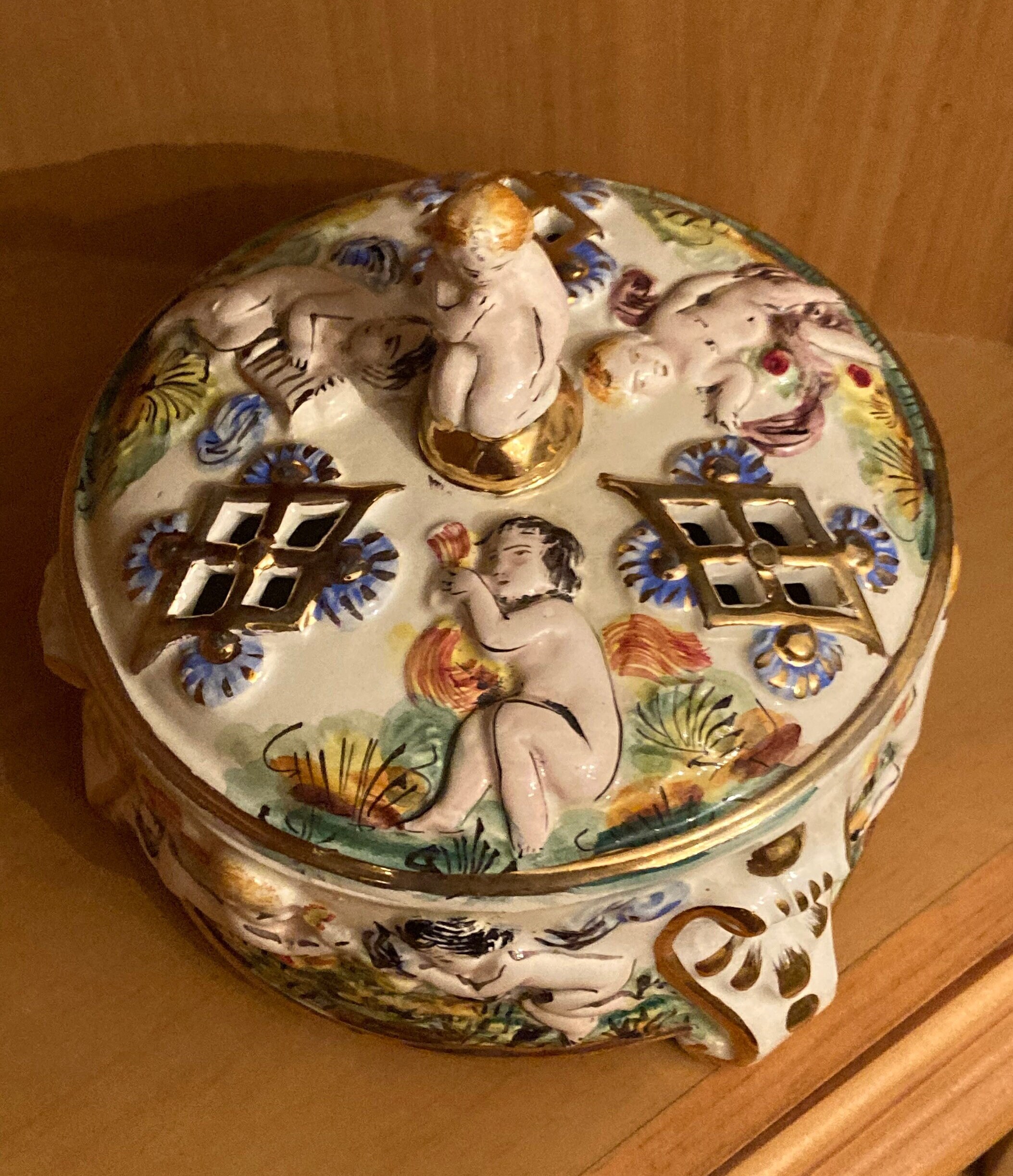 Italian Capodimonte Lidded Candy Dish With Cherub Finial Etsy