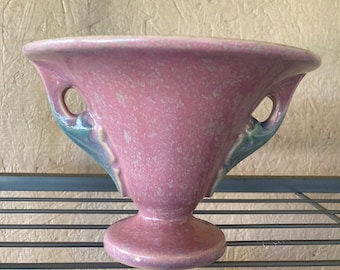 Roseville Pottery Pink Tuscany Double Handled Compote or Low Trumpet Urn, 4 Inches. Pink Mottled Roseville Compote