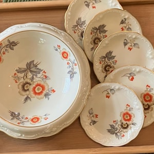 Thomas Ivory Bavaria Vintage Porcelain Dessert or Snack Set; Rolled Edge Bowl and 5 Small Plates in Floral Pattern, 1950s