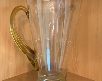 Vintage Blown Glass Cocktail Pitcher With Applied Amber Handle; Sleek Ice Lip Pitcher, Retro Barware
