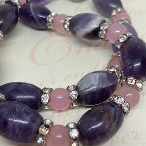Vintage Amethyst and Rose Quartz Beaded Necklace With Rhinestones; 18 Inch Gemstone Necklace in Purple and Pink