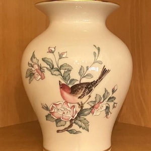 Lenox Vintage Medium Sized SERENADE Vase; Gold Trimmed Floral and Bird Discontinued Vase, 1980s
