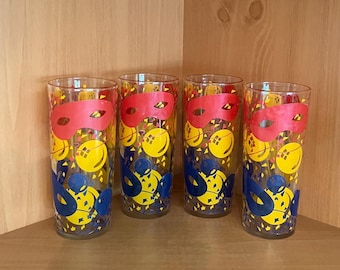 Vintage Midcentury MCM Mardi Gras Tom Collins Glasses, Set of Four; Multi Color Mardi Gras Mask and Streamer 6 Inch Cocktail Glasses
