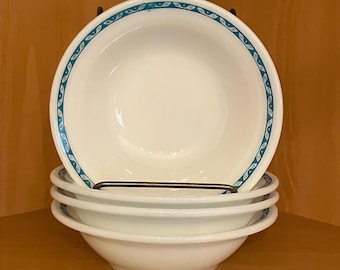 Anchor Hocking Fire King White Milk Glass Bowls With Teal Laurel Leaf or Bluegrass Trim, Set of Four; Vintage Dessert Bowls, Midcentury