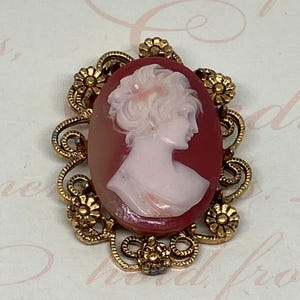 Vintage Gold Tone Rose and Cream Cameo Brooch; Right Facing Silhouette Gold Tone Filigree Brooch or Pin