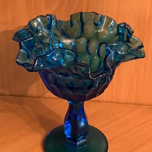 Fenton Colonial Blue Thumbprint Ruffled Compote; 6 1/8 Inch Pedestal Candy Dish or Compote