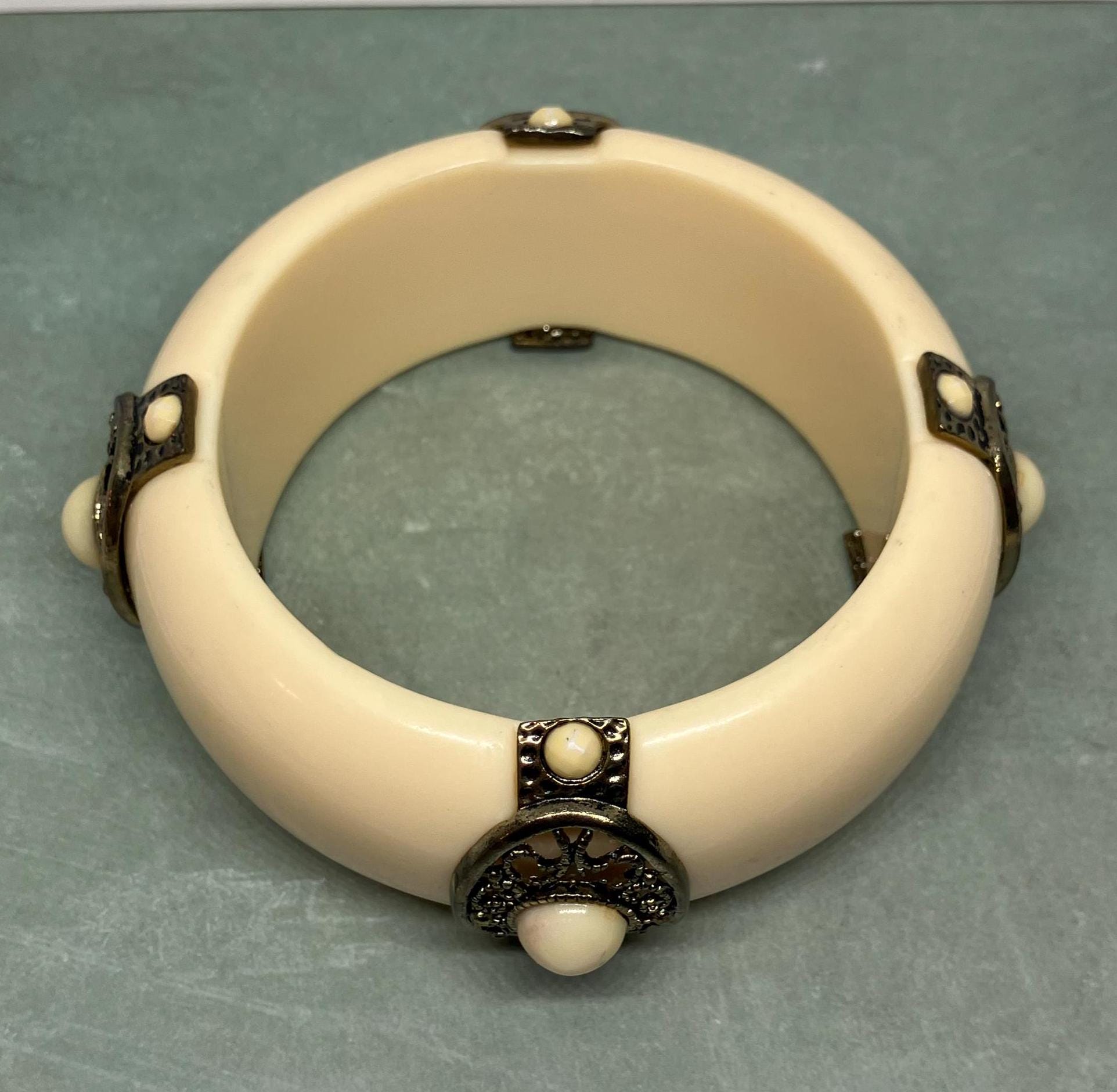Vintage Ivory Resin Chunky Bangle Bracelet With Ornate Filigree Metal Accents; 8 Inch Large Statement Bangle