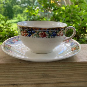 Johnson Bros Antique Beauvais Cup and Saucer, 1920s Johnson Brothers Tea Cup and Saucer in Fruit Pattern