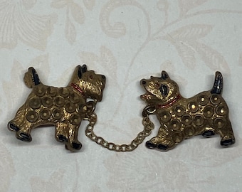 Art Deco Brassy Gold Tone Small Dog Pins Attached With a Chain; Antique Scottie Dog and Westie Scatter Pins, C Clasps, 1920s