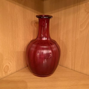 Vintage Cranberry Blown Glass Optic Ribbed Vase or Bottle; Vintage Cranberry Pink 7 Inch Flat Rimmed Vase