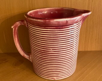 WELLER Vintage Pink Red Ringed Pitcher; Weller Pottery Utility Ware Kitchengem 5 5/8 Inch Pitcher, 1920s