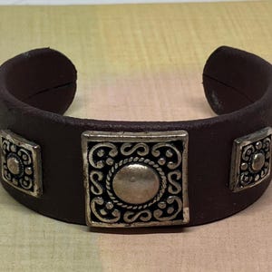 Vintage Brown Leather Wrapped Metal Filigree Accented Cuff Bracelet; Southwestern or BOHO Style Brown Cuff