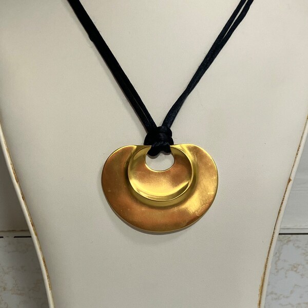 Museum of Modern Art Vintage Matte Gold Satin Pendant on Black Velvet Cord Necklace; MMA Marked Modernist Abstract Pendant