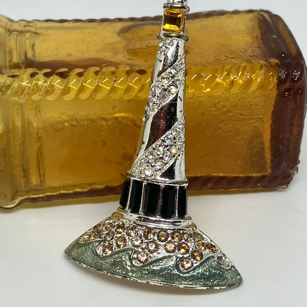 Monet Signed Vintage Lighthouse Brooch; Silver Tone Rhinestone Lighthouse Pin, 1 3/4 Inches