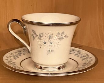 Lenox WINDSONG Vintage Footed Teacup and Saucer; White Porcelain Blue and White Floral Cup and Saucer
