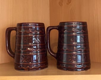 Marcrest Pottery Vintage Daisy Dot Mugs in Warm Colorado Brown, Set of Two; Vintage 5 1/2 Inch Handled Brown Mugs, Midcentury