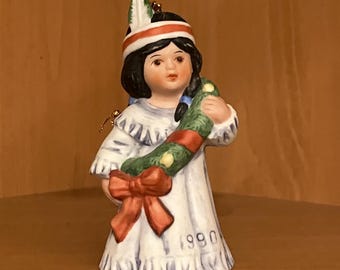 Gregory Perillo "Sagebrush Kids" Vintage Bisque Porcelain Bell Ornament;  Artaffects Artist Signed Christmas Ornament 1990