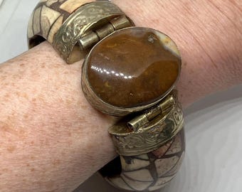 Vintage Tibetan Jasper, Brass and Inlaid Bone Chunky Hinged Bangle Bracelet; Boho Tribal Red Brown Jasper Pin Closure Bangle